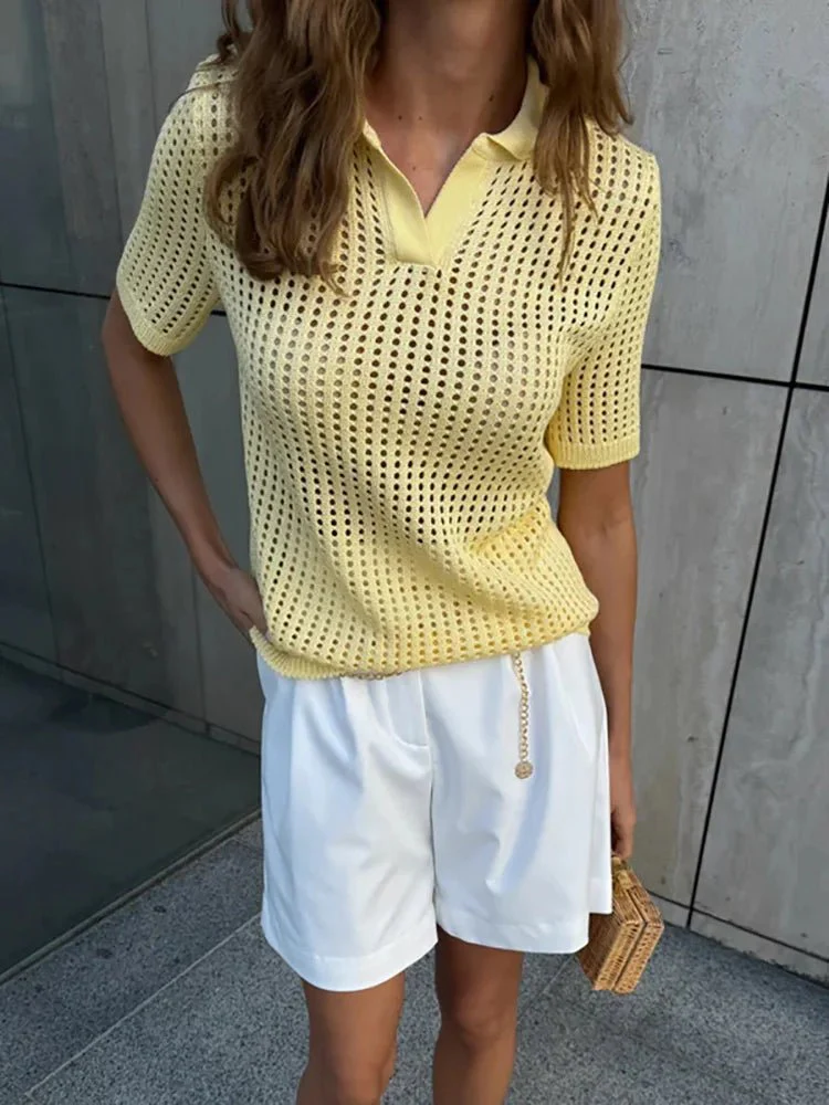 Andrea Hollow Out Knit Polo Blouse - Image 3