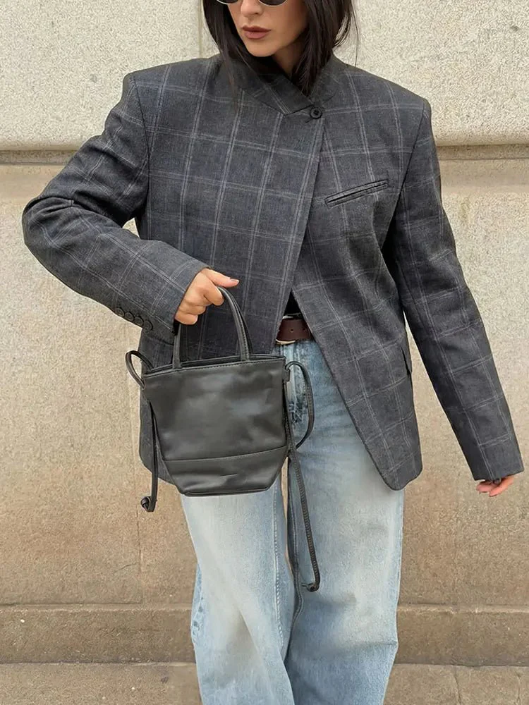 Aurelia Stand Collar Plaid Blazer