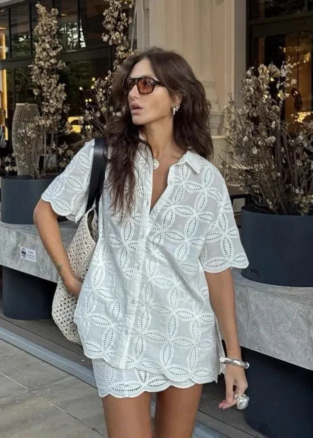 Beatrice Embroidered Cotton Shirt and Skirt Set - Image 3