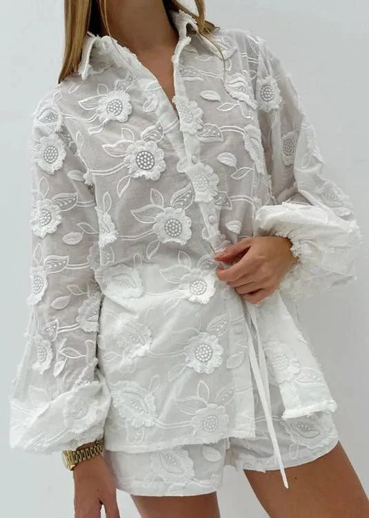 Beatrice Sheer Embroidered Shirt & High-Waist Shorts Set - Image 3