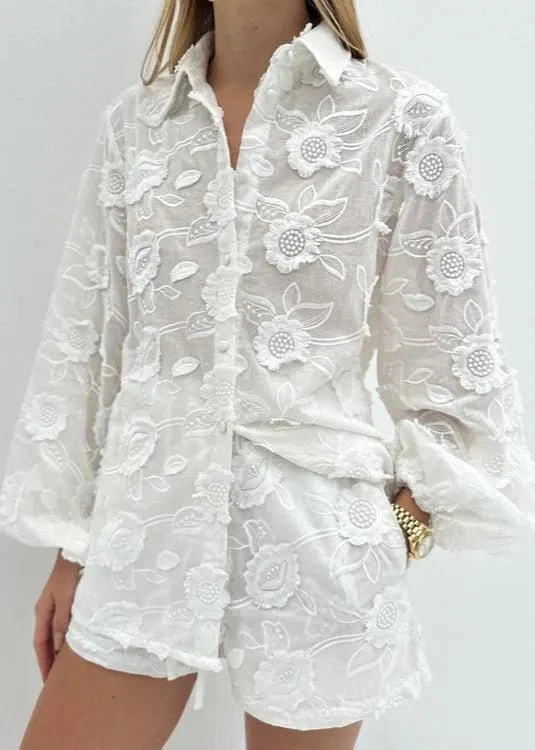 Beatrice Sheer Embroidered Shirt & High-Waist Shorts Set - Image 4