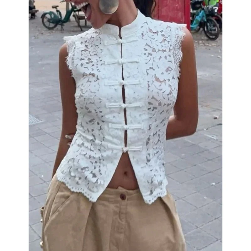 Beatrix Sheer Lace Mandarin Collar Blouse - Image 4