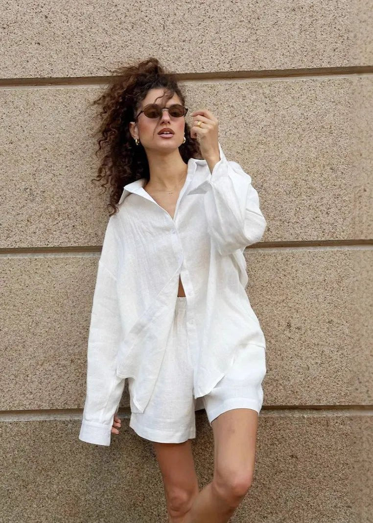 Camille White Linen Shirt and Shorts Set - Image 4