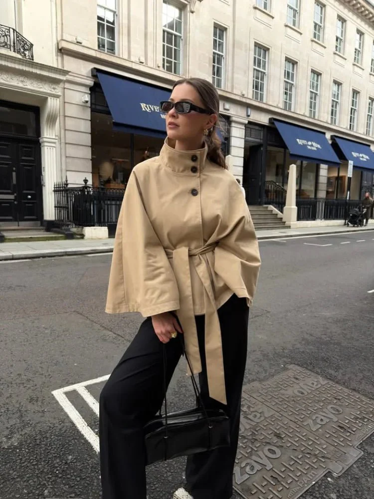 Cape Lace Up Trench Coat - Image 2