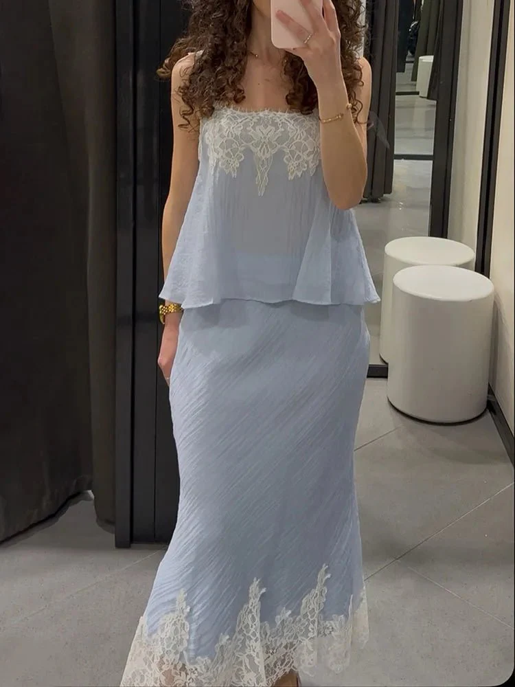 Celeste Lace Spliced Two-Piece Midi Set - Image 3
