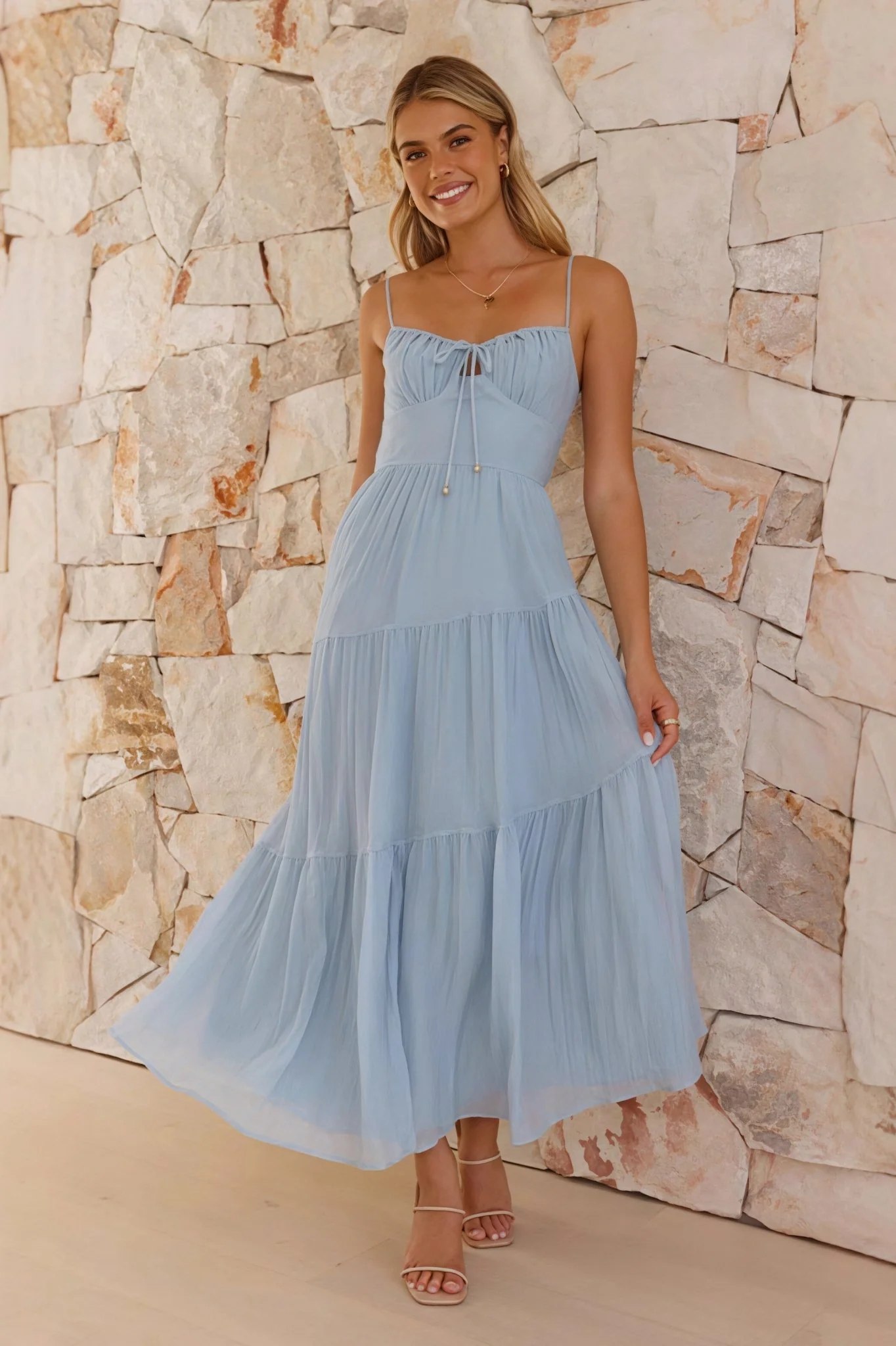 Celeste Spaghetti Strap Open Back Flared Maxi Dress