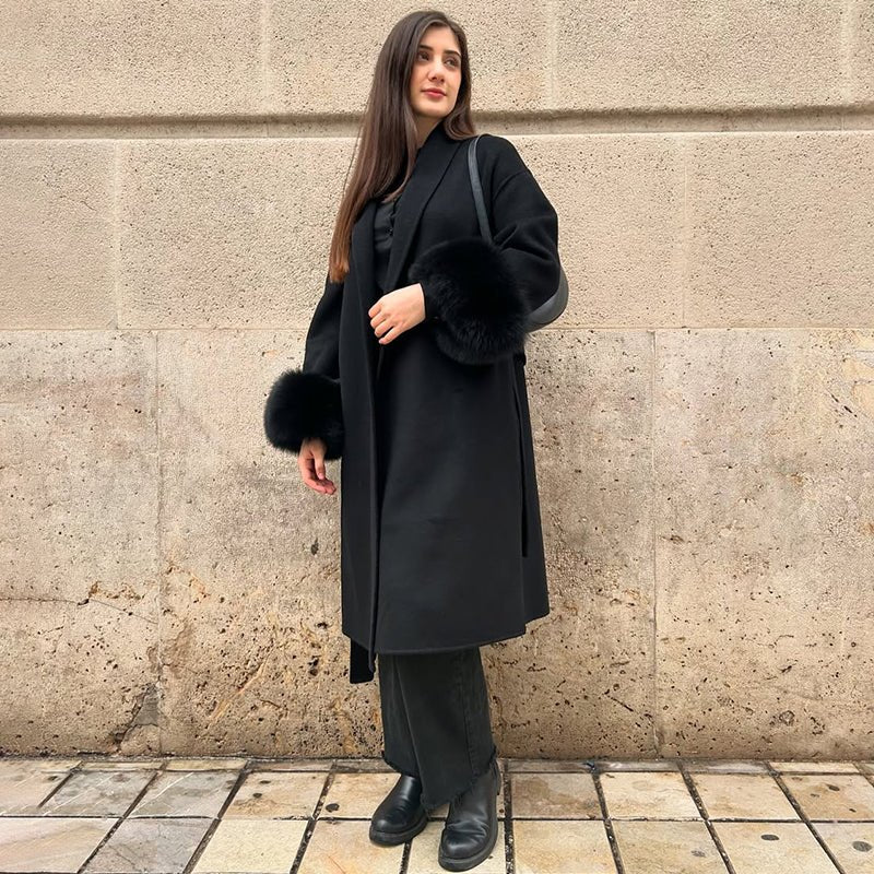 Wool Wrap Coat with Fox Fur Cuff - Image 26