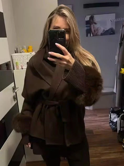 Wool Wrap Coat with Fox Fur Cuff - Image 28