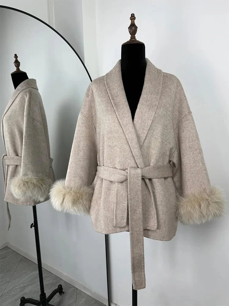 Wool Wrap Coat with Fox Fur Cuff - Image 3