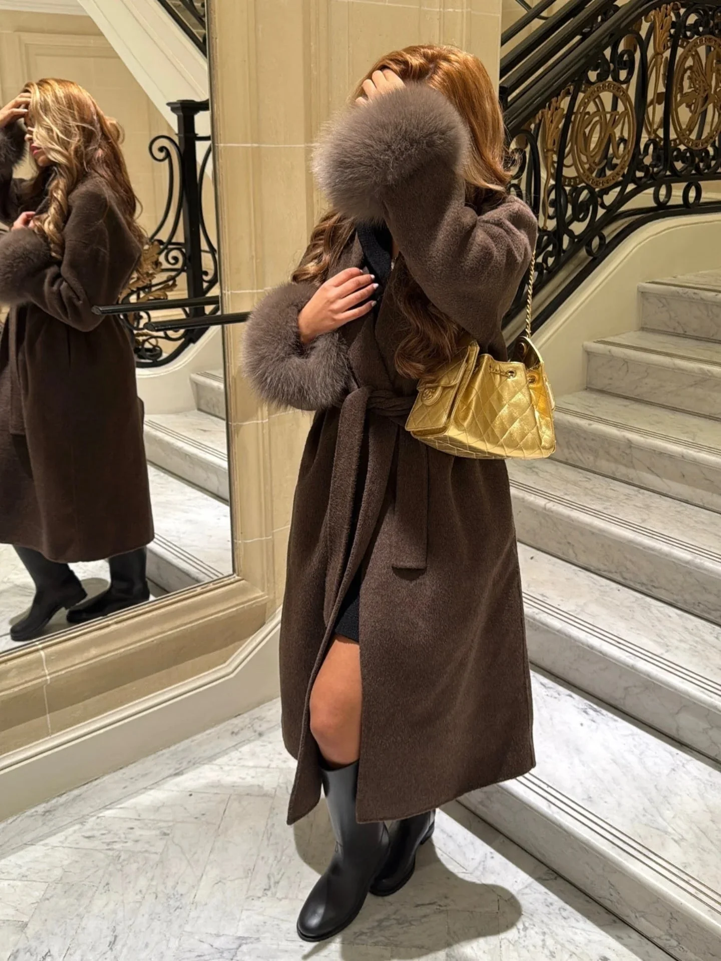 Wool Wrap Coat with Fox Fur Cuff - Image 32