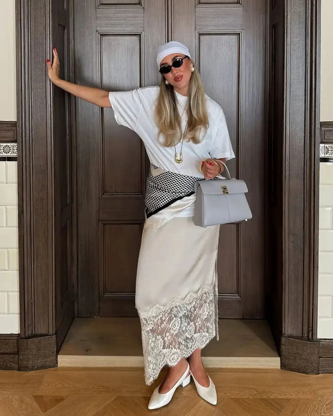 Cheska Lace Hem Satin Long Skirt with Slit