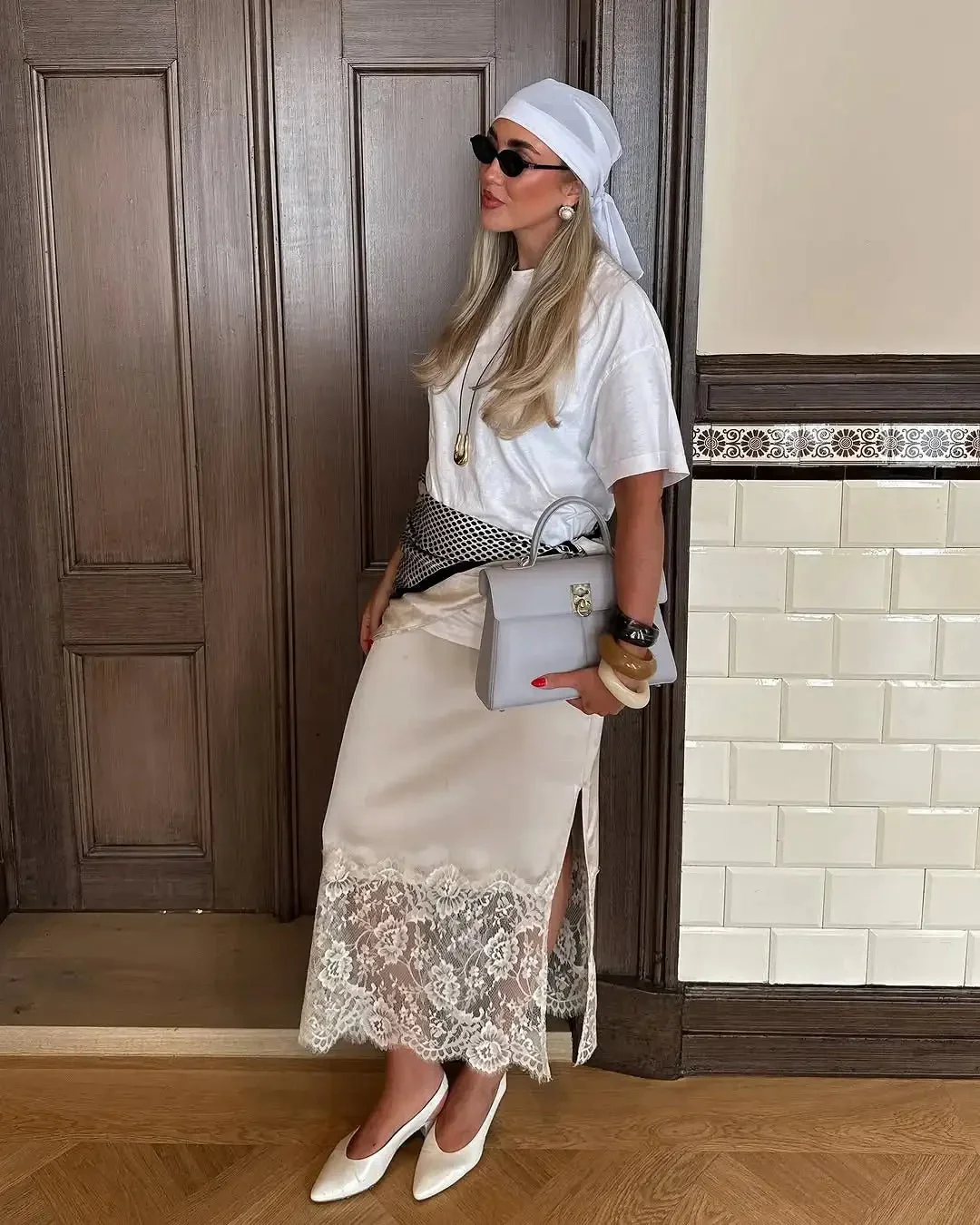 Cheska Lace Hem Satin Long Skirt with Slit - Image 3