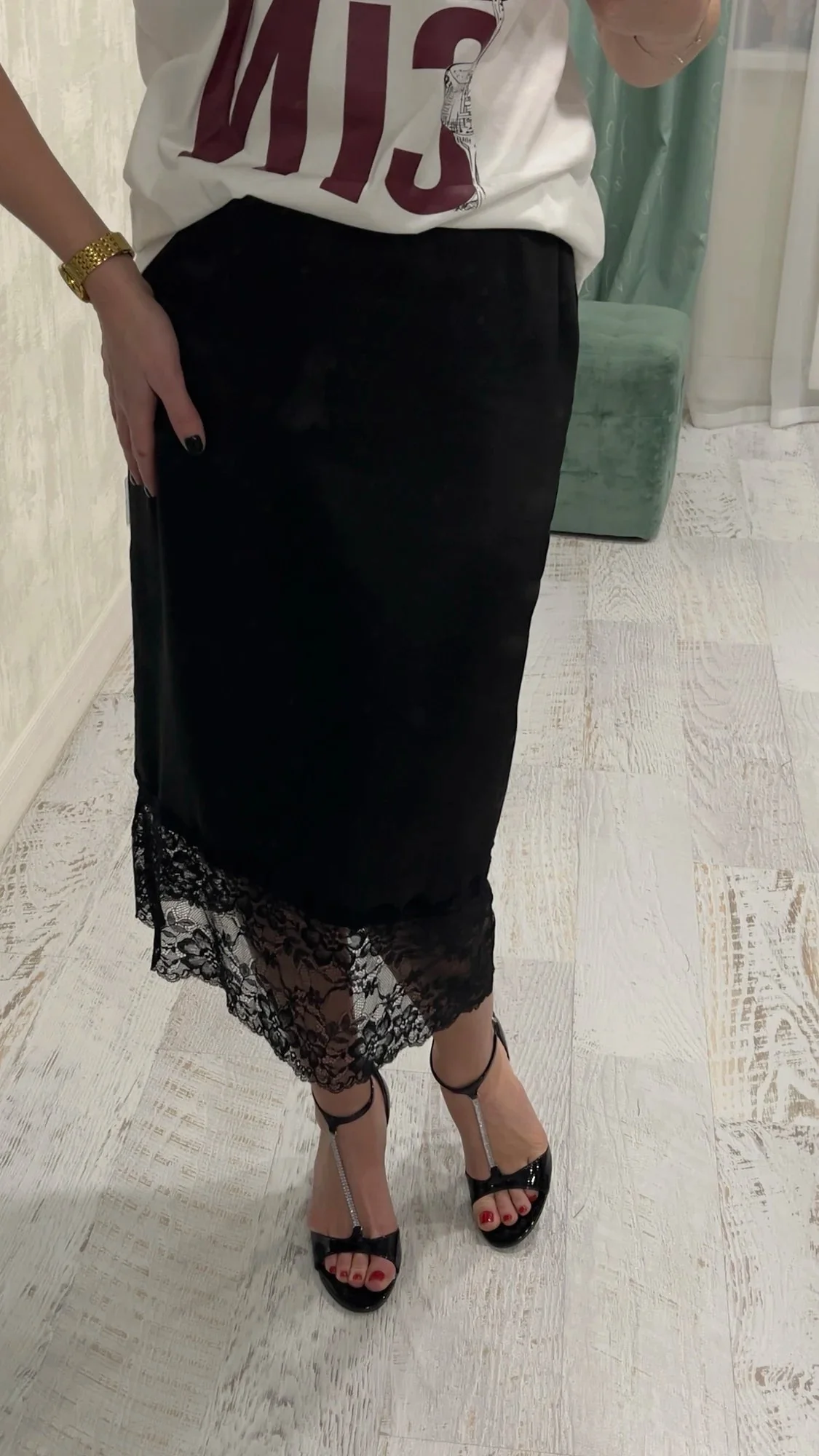 Cheska Lace Hem Satin Long Skirt with Slit - Image 4