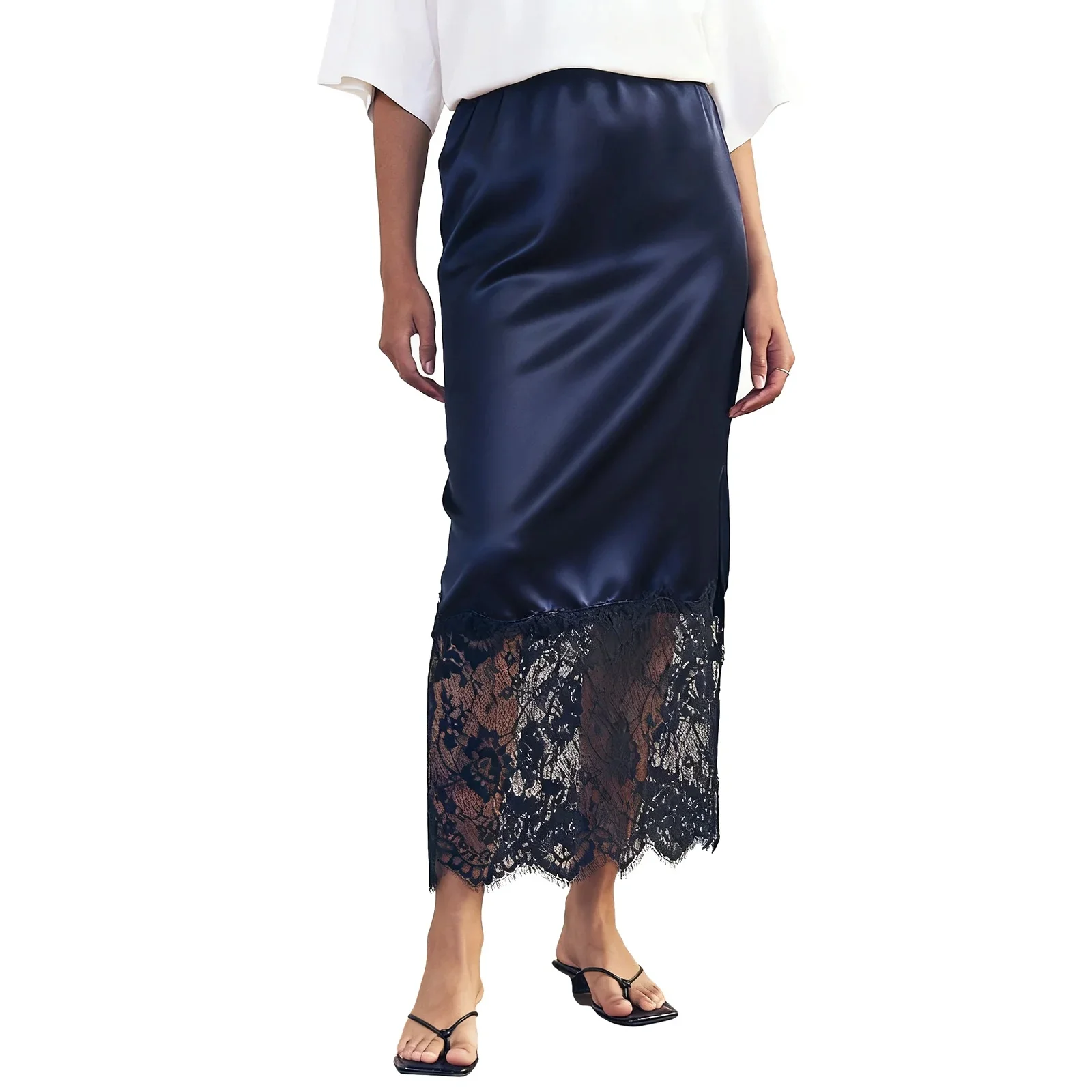 Cheska Lace Hem Satin Long Skirt with Slit - Image 7