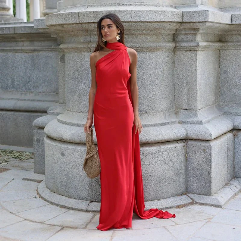 Demetra Satin Halter Backless Evening Gown - Image 2