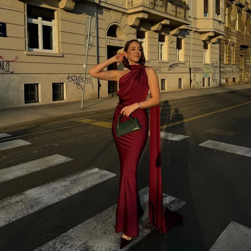 Demetra Satin Halter Backless Evening Gown - Image 3