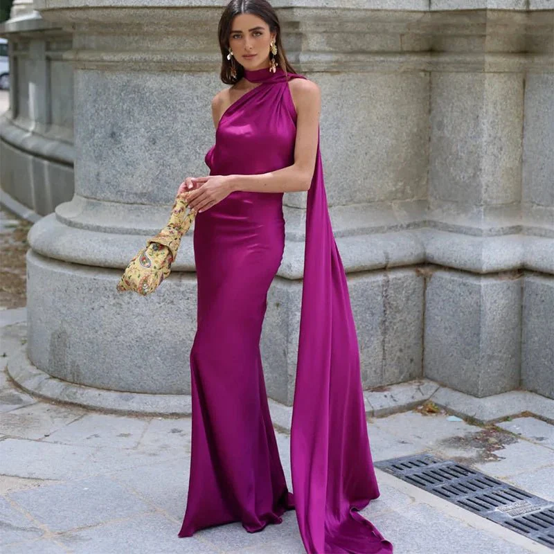 Demetra Satin Halter Backless Evening Gown - Image 4