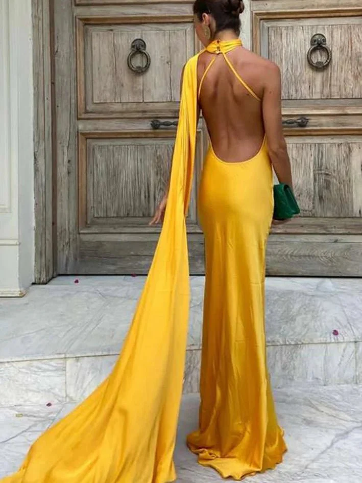 Demetra Satin Halter Backless Evening Gown - Image 8
