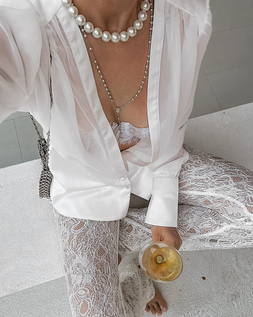 Elisa Deep Neck Sheer Button Blouse - Image 2