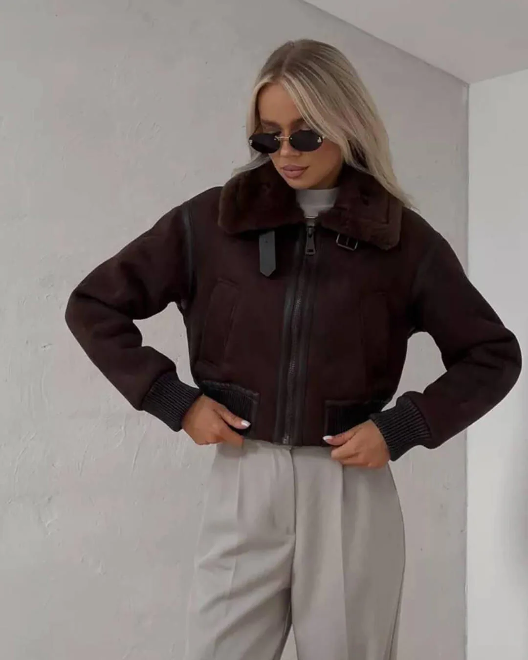 Esme Suede Short Bomber Jacket - Image 3