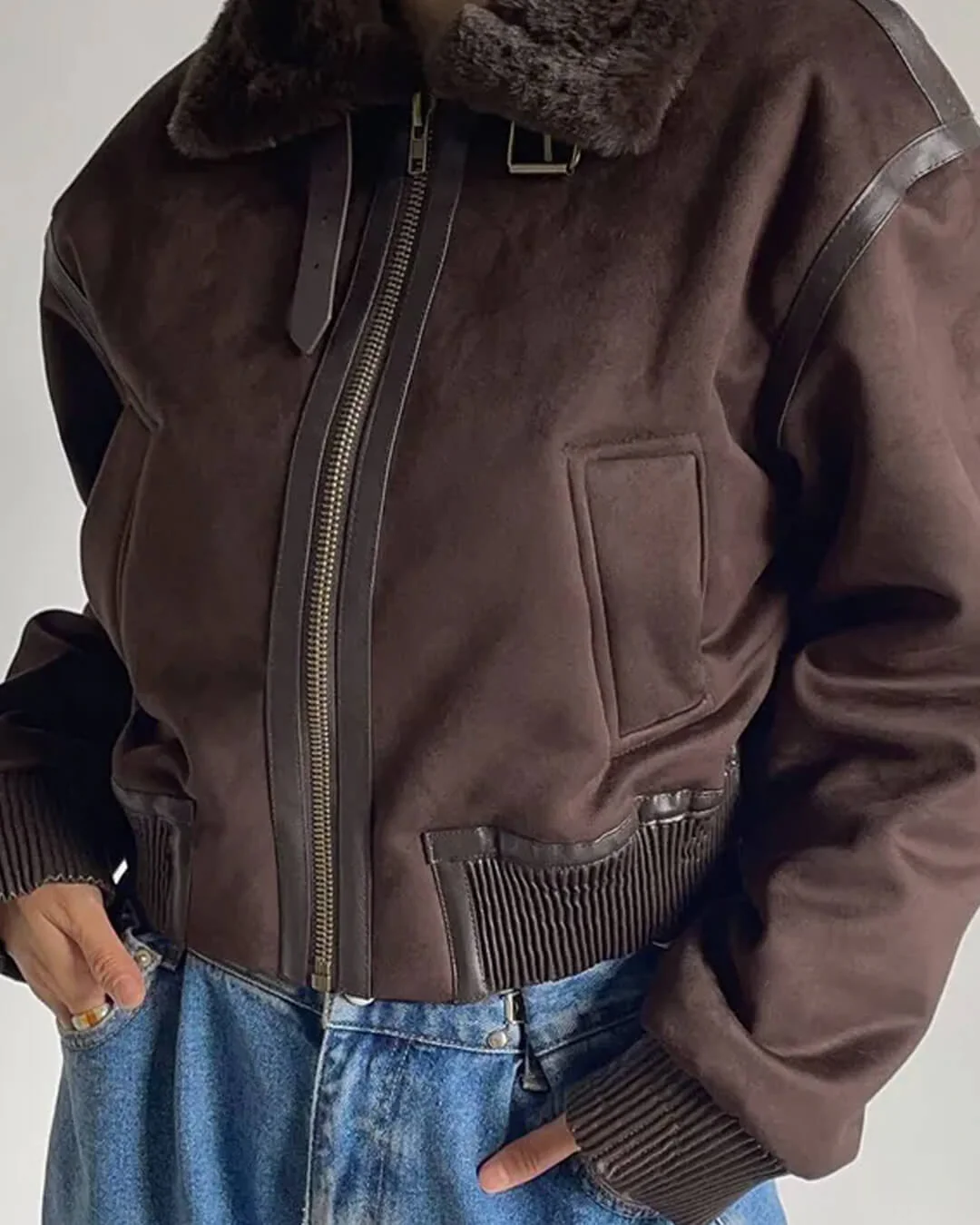 Esme Suede Short Bomber Jacket - Image 5