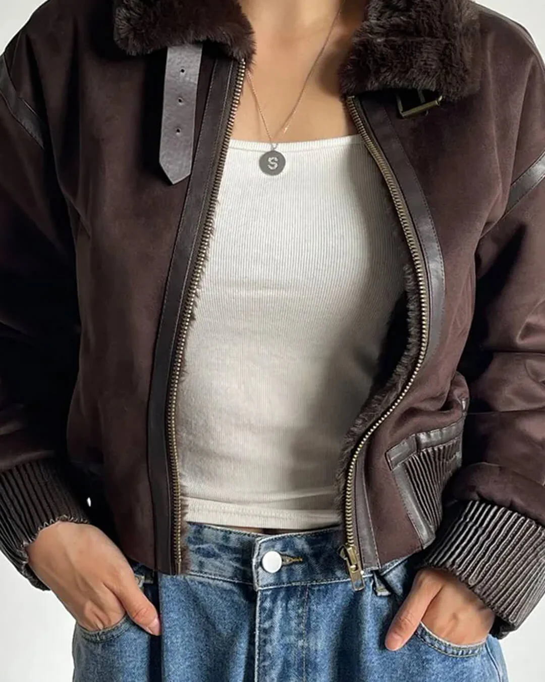 Esme Suede Short Bomber Jacket - Image 6