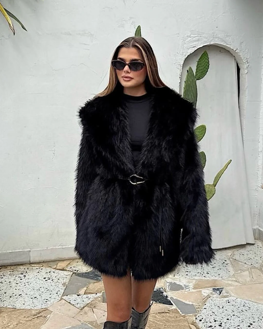 Faith Faux Fur Coat with Belt - Image 12