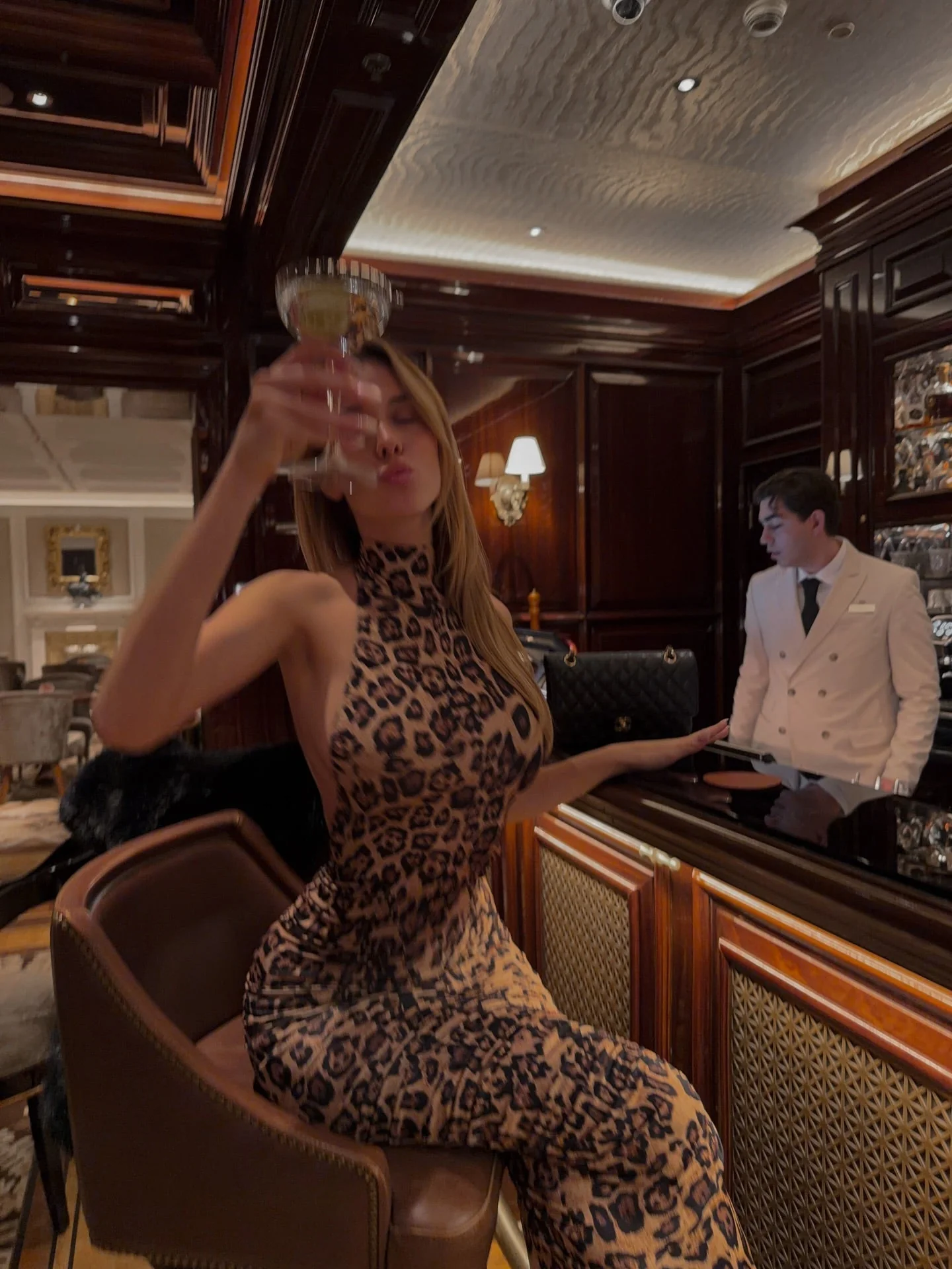 Genna High-Neck Backless Ruched Leopard Maxi Dress