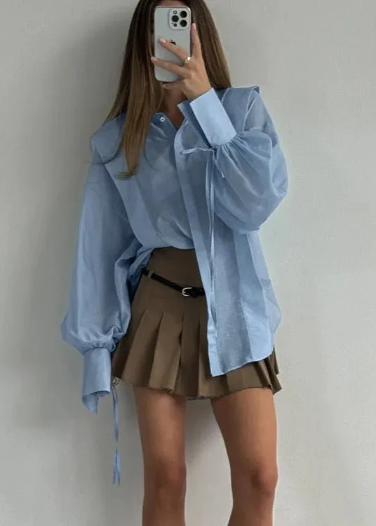 Isabella Oversized Ribbon-Tie Puff Sleeve Shirt - Image 3