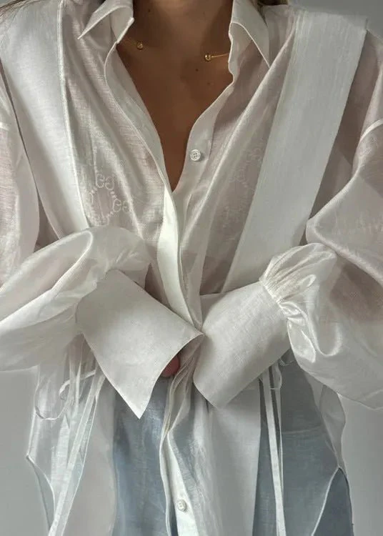 Isabella Oversized Ribbon-Tie Puff Sleeve Shirt - Image 6