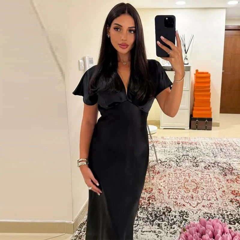Janna V Neck Satin Midi Dress - Image 6