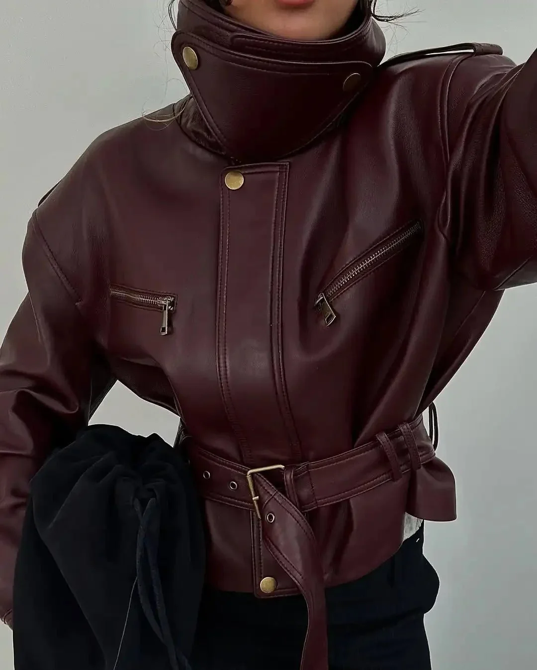 Jaqueline Belted Faux Leather Jacket - Image 5