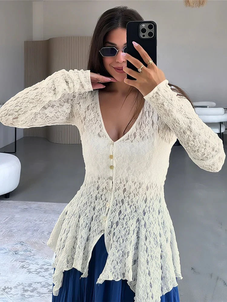 Jenna Shark Hem Sheer Jacquard Cardigan - Image 5