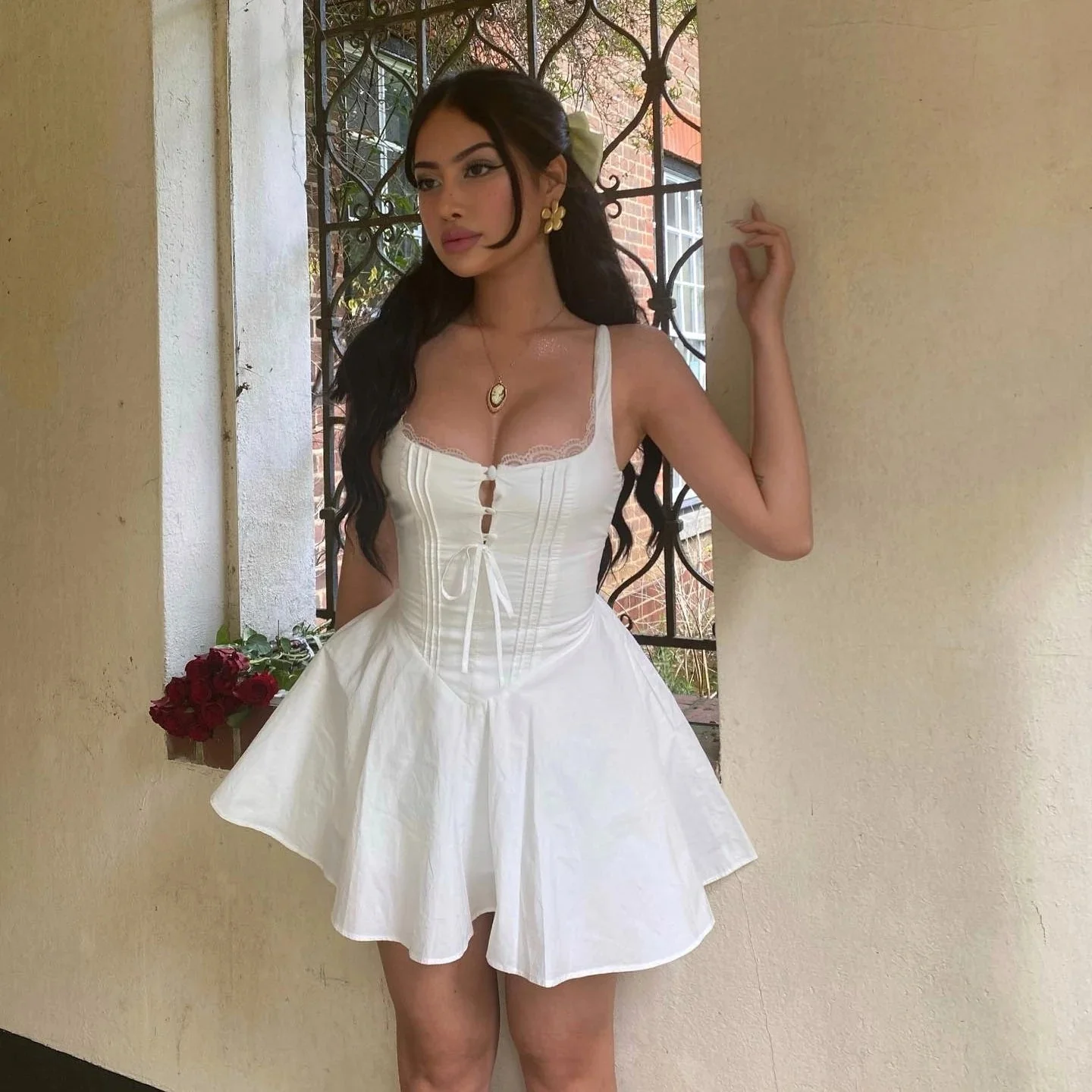 Jolie Flowy Lace Up Mini Dress - Image 2
