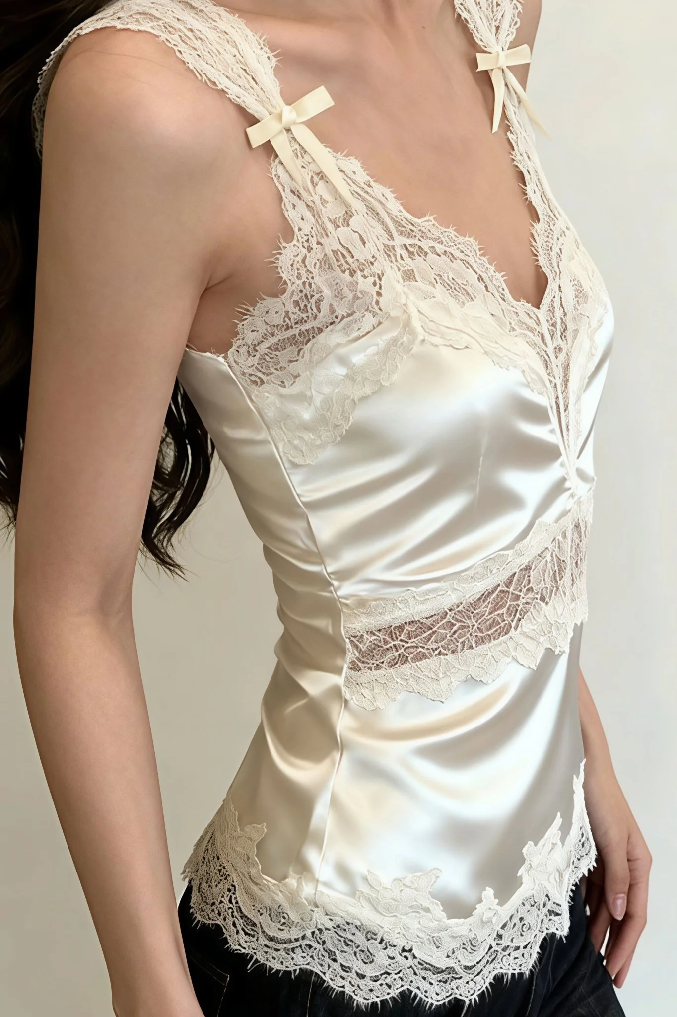 Julianne V Neck Sleeveless Satin Lace Blouse - Image 2