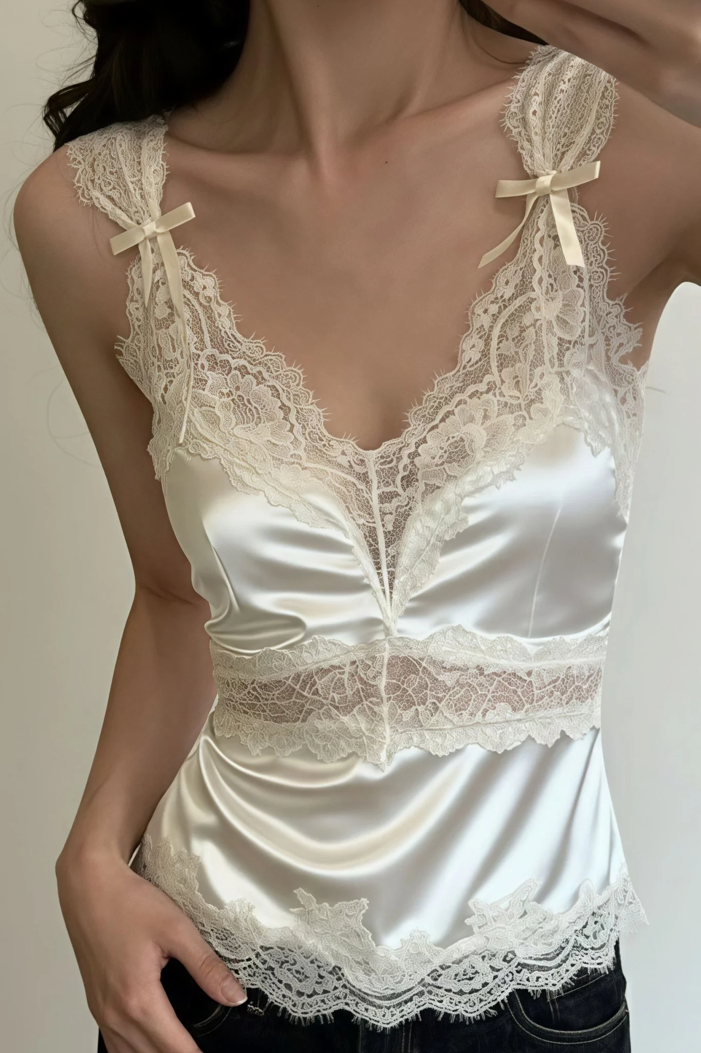 Julianne V Neck Sleeveless Satin Lace Blouse - Image 3