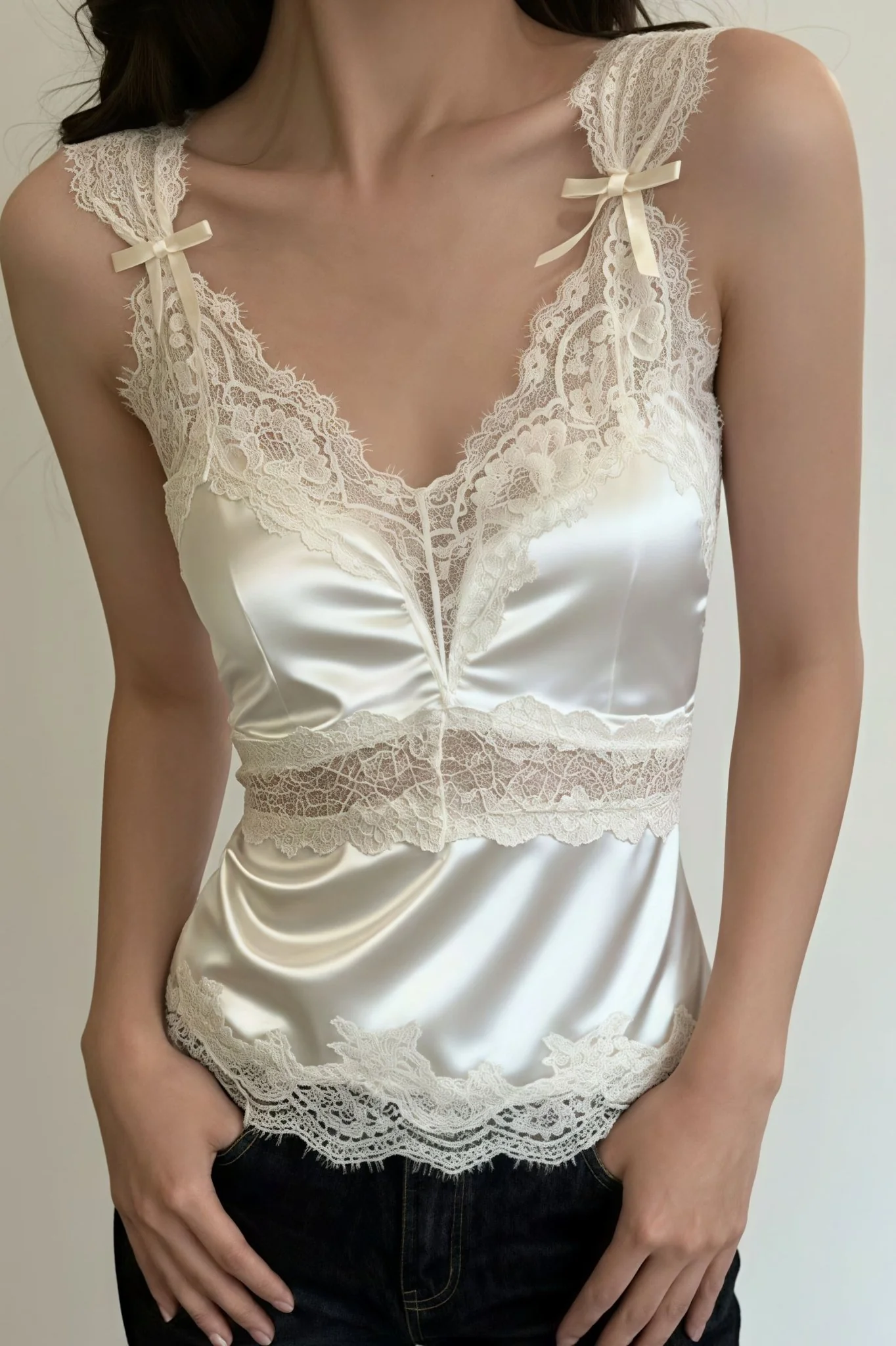 Julianne V Neck Sleeveless Satin Lace Blouse - Image 4
