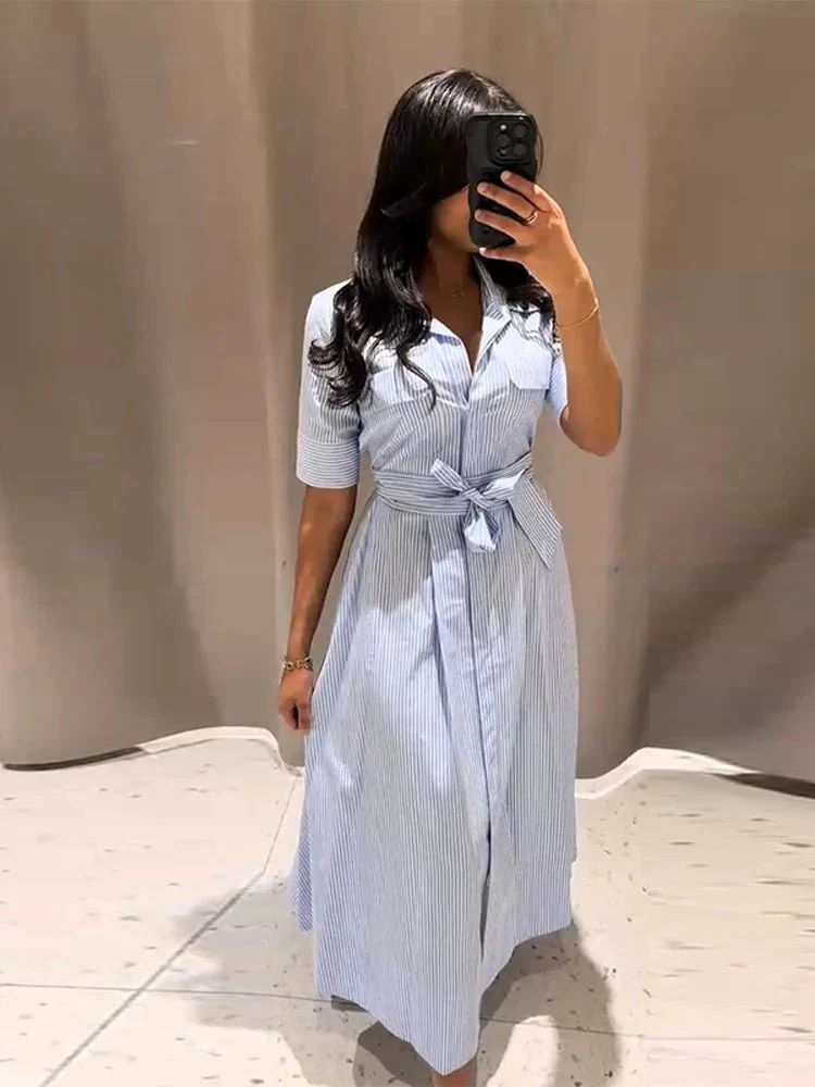 Katniss Striped Lace-Up Collar Maxi Dress