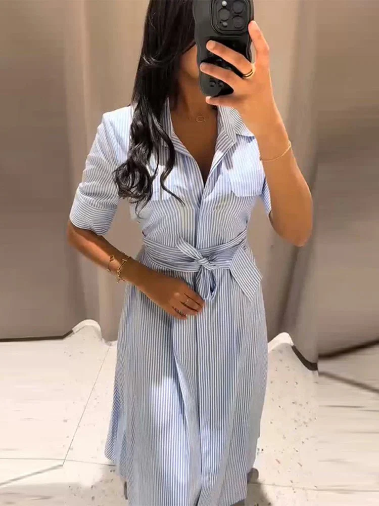 Katniss Striped Lace-Up Collar Maxi Dress - Image 2