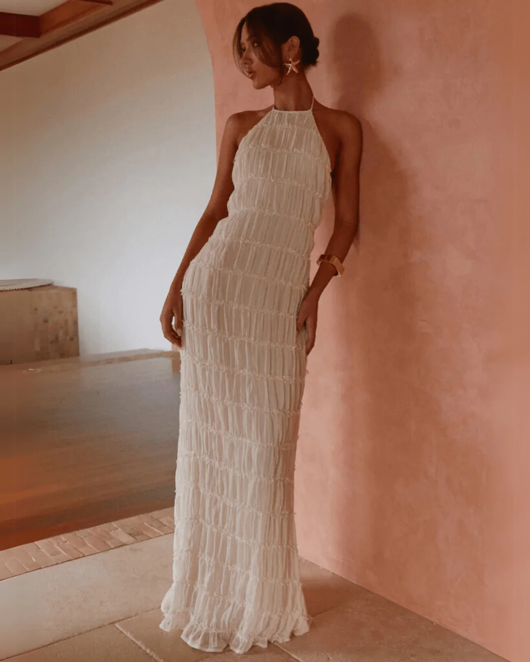 Leslie Backless Sculpted Texture Maxi Dress