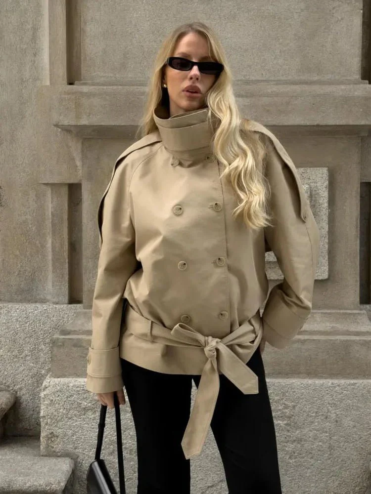 Melanie Stand Up Collar Short Trench Coat - Image 7