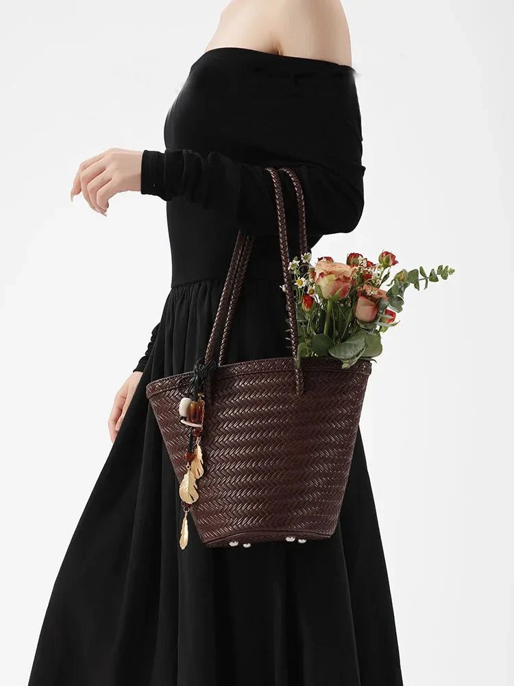 Meryl Woven Bucket Handbag with Pouch - Image 3