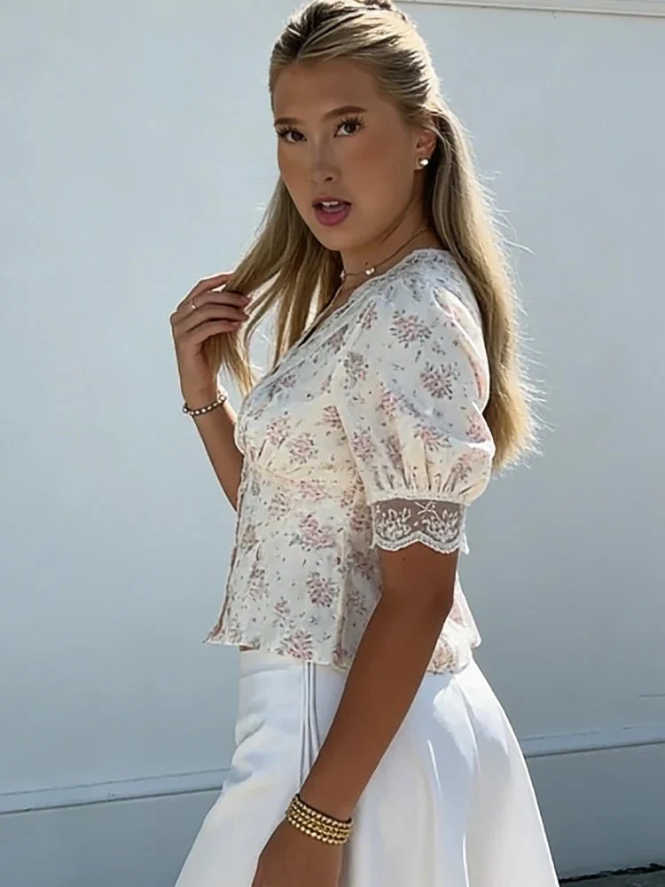 Seren Satin Print Lace V-Neck Puff Sleeve Blouse - Image 4