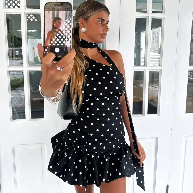 Nina One Shoulder Polka Dot Mini Dress - Image 4