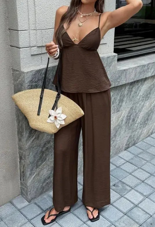Odette Deep V-Neck Cami Wide Leg Pants Set - Image 4