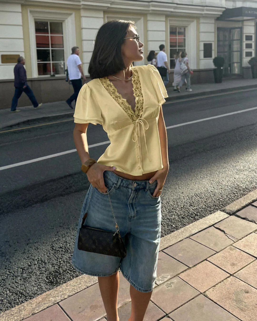 Rosette Lace Short Sleeve V-Neck Top - Image 10