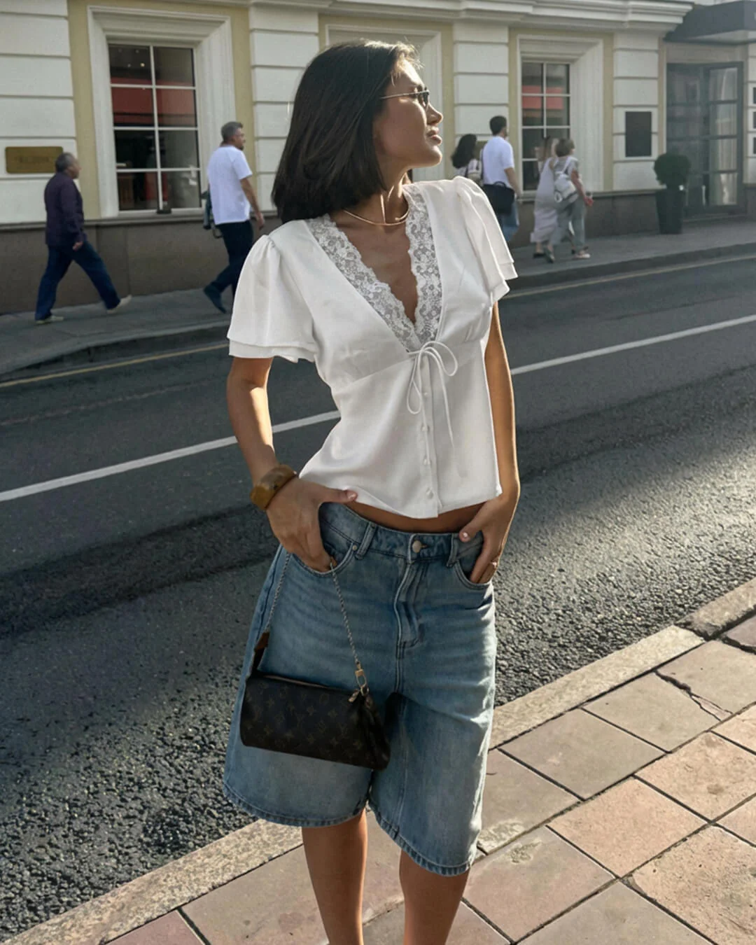Rosette Lace Short Sleeve V-Neck Top - Image 3