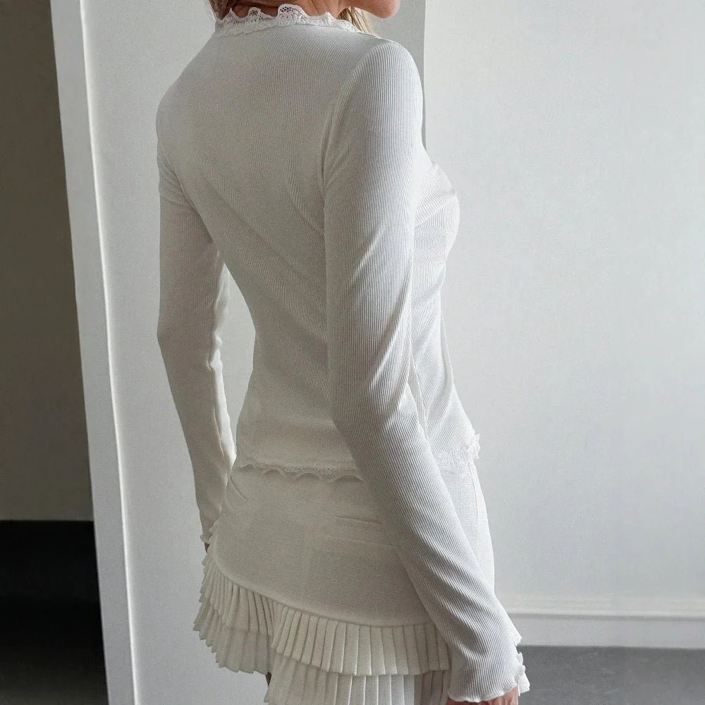 Roxana Ribbed Lace Trim V-Neck Blouse - Image 4