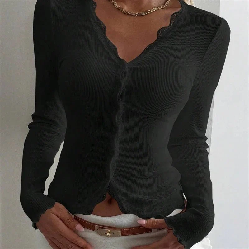 Roxana Ribbed Lace Trim V-Neck Blouse - Image 6