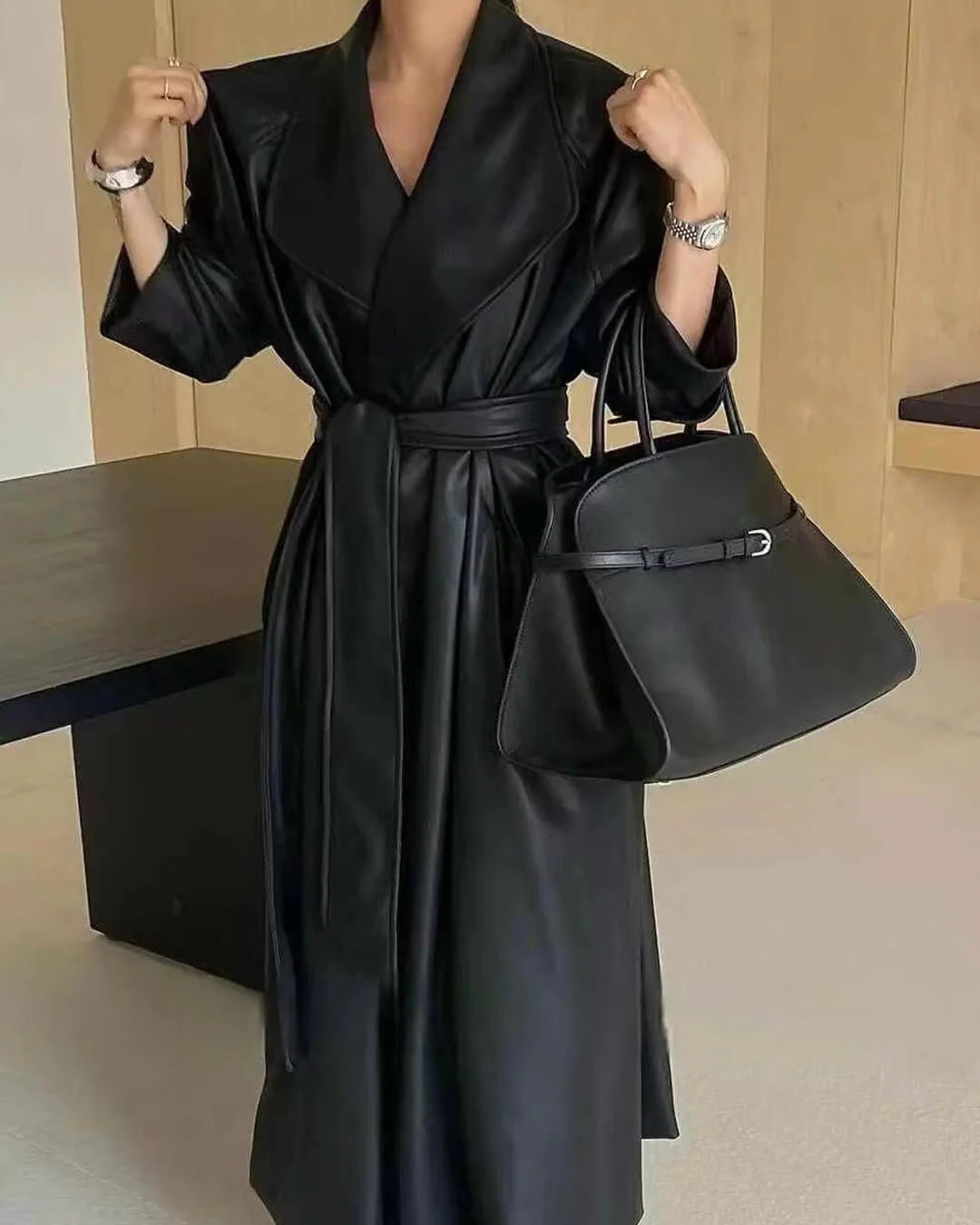 Shiela Faux Leather Maxi Trench Coat - Image 5
